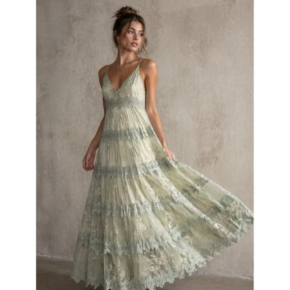 Anthropologie BHLDN Maxi Dress 4 Sage Green Silk Tiered Lace Romantic Ethereal - Picture 1 of 16